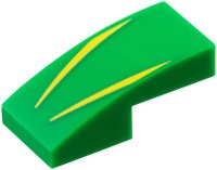 LEGO part Slope, Curved 2 x 1 x 2/3 with 2 Yellow Stripes Pattern 11477pb216