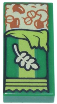 LEGO part Tile 1 x 2 with Tan Granola Bar with Reddish Brown Grains and Seeds and Lime Wrapping Pattern 3069pb1264