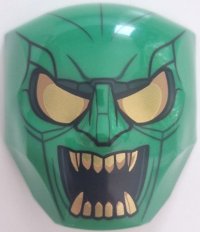 LEGO part Large Figure Face with Brow and Nose Detail, 2 x 2 Round Brick Attachment with Gold Eyes, Open Mouth with Teeth, and Lines Pattern (Green Goblin) 3524pb05
