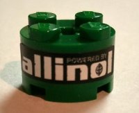 LEGO part Brick, Round 2 x 2 with Axle Hole with White 'POWERED BY allinol' on Black Background Pattern (Sticker) - Set 8206 3941pb13