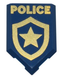 LEGO part Tile, Modified 2 x 3 Pentagonal with Gold 'POLICE' and Star Badge Logo Pattern 22385pb250
