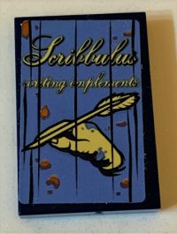 LEGO part Tile 2 x 3 with Script 'Scribbulus writing implements' and Hand with Quill on Sand Blue Background Pattern (Sticker) - Set 75978 26603pb171