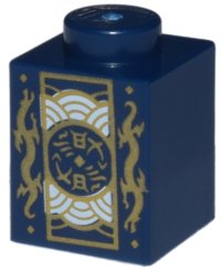 LEGO part Brick 1 x 1 with Gold Dragons and Rectangle Emblem with Silver Half Circles Pattern 3005pb058