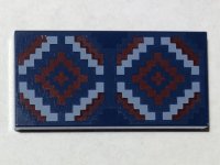 LEGO part Tile 2 x 4 with Dark Red and Medium Blue Geometric Rug Pattern 87079pb1034