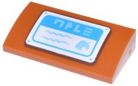 LEGO part Slope, Curved 2 x 4 x 2/3 with Bottom Tubes with White and Dark Azure Sign with Medium Blue Text and Leaf Pattern (Animal Crossing Drop-Off Box) 88930pb171