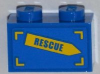 LEGO part Brick 1 x 2 with 'RESCUE' on Yellow Arrow Pattern Model Left Side (Sticker) - Set 4439 3004pb113L