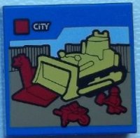 LEGO part Fliese 2 x 2 mit LEGO City Set Schachtel Kunstwerk, gelber Bulldozer, rote Schubkarre und Bauarbeiter Minifigur Muster 3068pb0938