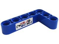 LEGO part Technic, Liftarm, Modified Bent Thick L-Shape 3 x 5 with Black Hook, Blue and Red Arrows and Gear on White Background Pattern (Sticker) - Set 42128 32526pb026
