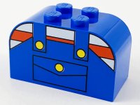 LEGO part Slope, Curved 4 x 2 x 2 Double with 4 Studs with Overalls with Pocket and Yellow Buttons over Shirt with Red and White Stripes Pattern 4744px7