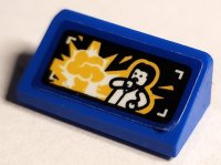 LEGO part Slope 30 1 x 2 x 2/3 with Screen with White and Yellow Explosion and Minifigure on Black Background Pattern (Sticker) - Set 75941 85984pb502