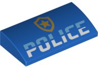 LEGO part Slope, Curved 2 x 4 x 2/3 with Bottom Tubes with Bright Light Blue and White 'POLICE' and Gold Star Badge Logo Pattern 88930pb116