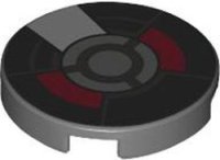 LEGO part Tile, Round 2 x 2 with Bottom Stud Holder with Black, Dark Red and Silver Armor Plates and Circles Pattern 14769pb605