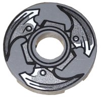 LEGO part Tile, Round 2 x 2 with Hole with Propeller with 3 Silver Blades Pattern 15535pb02
