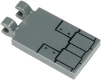LEGO part Tile, Modified 2 x 3 with 2 Clips with Metal Plates with Black Border and 4 Rivets Pattern 30350bpb110