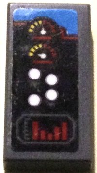 LEGO part Tile 1 x 2 with Control Panel with Gauges, White Buttons and Red Bar Chart Pattern Model Left Side (Sticker) - Set 70916 3069pb1201L