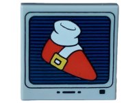 LEGO part Tile, Modified 2 x 2 Inverted with Red Sonic Shoe, Yellow Buckle and White Sock on Black and Dark Blue Striped Screen with Buttons Pattern 11203pb101