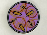 LEGO part Tile, Round 2 x 2 with Bottom Stud Holder with Time Gears Pattern 14769pb081