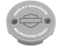LEGO part Fliese, Rund 2 x 2 mit Stifthalter unten mit silbernem 'HARLEY-DAVIDSON' und 'MILWAUKEE-EIGHT' Muster (Aufkleber) - Set 10269 14769pb302b
