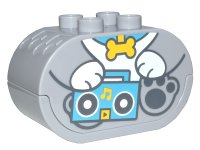 LEGO part Duplo, Stein 2 x 4 x 2 Oval mit Sound, weißer Taste und geprägten Musiknoten mit Welpe mit Boom-Box-Muster 1480c01pb02