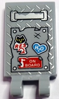 LEGO part Tile, Modified 2 x 3 with 2 Open O Clips with Silver Handle and Tread Plate, Black Cat Face, 'RES Q', Dark Azure Heart with 'H2O', White Fire Extinguisher and Red 'ON BOARD' Sign Pattern (Sticker) - Set 70436 30350bpb183