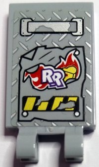 LEGO part Tile, Modified 2 x 3 with 2 Open O Clips with Silver Handle and Tread Plate, Red Flames, White 'RR' with Dark Purple Outline and Damaged Black and Yellow Danger Stripes Pattern (Sticker) - Set 70436 30350bpb185