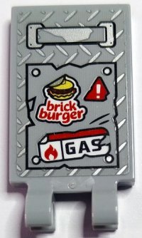 LEGO part Tile, Modified 2 x 3 with 2 Open O Clips with Silver Handle and Tread Plate, White Exclamation Mark in Red Warning Triangle, 'brick burger', Flame and 'GAS' Pattern (Sticker) - Set 70436 30350bpb186