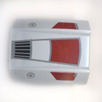 LEGO part Slope, Curved 2 x 2 Lip with Dark Red Panels, Black Grille, SW Republic Insignia Pattern 30602pb030