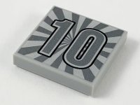 LEGO part Tile 2 x 2 with Silver Number '10' and Radiating Beams Pattern 3068pb1321