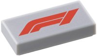 LEGO part Tile 1 x 2 with Formula 1 Logo Stylized Red 'F1' on Silver Background Pattern 3069pb1370