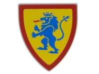 LEGO part Minifigure, Shield Triangular  with Blue Lion Standing with Raised Foot on Yellow Background with Red Border Pattern 3846pb062
