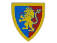 LEGO part Minifigure, Shield Triangular  with Yellow Lion with Raised Foot on Blue and Red Background with Border Pattern 3846pb063