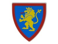 LEGO part Minifigure, Shield Triangular  with Yellow Lion Standing with Raised Foot on Blue Background with Red Border Pattern 3846pb064