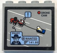 LEGO part Brick 1 x 4 x 3 with Monitor Screen with 'DRONE CAM', 'SNAKE', 'WANTED', '141.80' and Red Tractor Pulling Minifigure Pattern (Sticker) - Set 60315 49311pb055