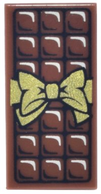 LEGO part Tile 1 x 2 with Candy Bar Chocolate Blocks and Gold Bow Pattern 3069pb0440