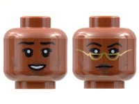 LEGO part Minifigure, Head Dual Sided Female, Black Eyebrows, Dark Brown Cheek Lines and Lips, Open Smile / Neutral with Gold Glasses Pattern - Hollow Stud 3626pb2837