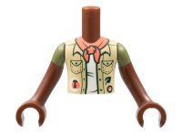 LEGO part Torso Mini Doll Boy Tan Vest over White Shirt, Coral Scarf Pattern, Reddish Brown Arms with Hands with Olive Green Short Sleeves FTBpb071c01
