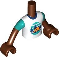 LEGO part Torso Mini Doll Boy White T-Shirt with Orange Tent, Dark Blue Trees, Dark Turquoise Sky and Ground Pattern, Reddish Brown Arms with Hands with Dark Turquoise Short Sleeves FTBpb121c01