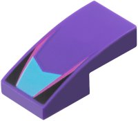 LEGO part Slope, Curved 2 x 1 x 2/3 with Medium Azure V-Shaped Center Panel, Magenta Stripes, Black Triangles Pattern 11477pb210