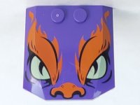 LEGO part Wedge 4 x 4 x 2/3 Triple Curved with Orange Flames and Nose, Yellowish Green Eyes, Black Slit Pupils Pattern 45677pb121