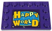 LEGO part Tile, Modified 4 x 6 with Studs on Edges with Bright Light Orange and Yellowish Green 'HAPPY WORLD' Pattern (Sticker) - Set 70432 6180pb125