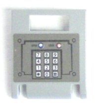 LEGO part Container, Box 2 x 2 x 2 Door with Slot with Keypad and Blue and Red Buttons on Dark Gray Background Pattern (Sticker) - Set 7035 4346pb17