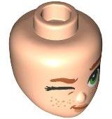 LEGO part Mini Doll, Head Friends with Dark Orange Eyebrows, Green Eyes, Right Wink, Nougat Lips and Freckles, Lopsided Grin Pattern 107097