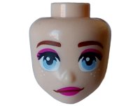 LEGO part Mini Doll, Head Friends with Reddisch Brown Eyebrows, Black Eyelashes, Bright Light Blue Eyes, Magenta Lips and Eye Shadow, Closed Mouth Smile, White Sparkles Pattern 109618