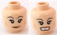 LEGO part Minifigure, Head Dual Sided Female, Dark Brown Eyebrows, Crow's Feet, Smile / Angry Pattern (HP Narcissa) 3626pb0590