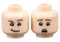 LEGO part Minifigure, Head Dual Sided Dark Brown Eyebrows, Medium Nougat Chin Dimple, Lopsided Grin with Raised Left Eyebrow / Scared Open Mouth with Top Teeth Pattern - Hollow Stud 3626pb2660
