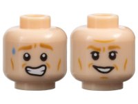 LEGO part Minifigure, Head Dual Sided Medium Nougat Eyebrows and Cheek Lines, Sweat Droplet and Worried Open Mouth Smile with Teeth / Grin Pattern - Hollow Stud 3626pb2689