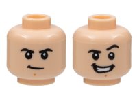 LEGO part Minifigure, Head Dual Sided Black Eyebrows, Medium Nougat Chin Dimple, Firm / Smile with Teeth and Raised Left Eyebrow Pattern - Hollow Stud 3626pb3013