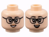 LEGO part Minifigure, Head Dual Sided Female, Black Eyebrows and Glasses, Peach Lips, Grin with Teeth / Open Mouth Smile Pattern - Hollow Stud 3626pb3129