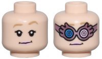 LEGO part Minifigure, Head Dual Sided Female Dark Tan Eyebrows, Bright Pink Lips, Smile / Silver and Metallic Pink Spectrespecs Pattern - Hollow Stud 3626pb3190