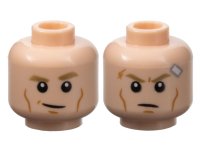LEGO part Minifigure, Head Dual Sided Dark Tan Eyebrows, Medium Nougat Cheek Lines and Chin Dimple, Smirk / Scowl with Scar and Bandage Pattern - Vented Stud 3626pb3460